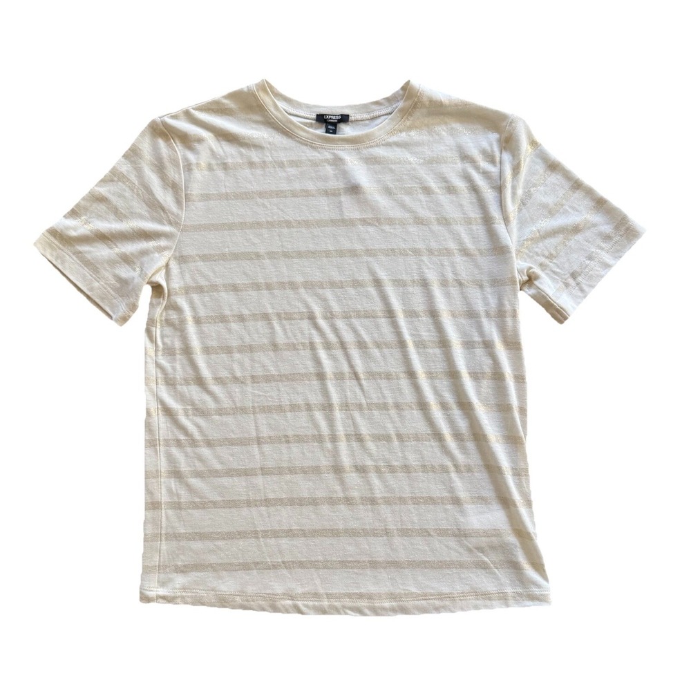 Express T-shirt Top Women's Size XS NWT Short Sleeve White With Gold Stripes